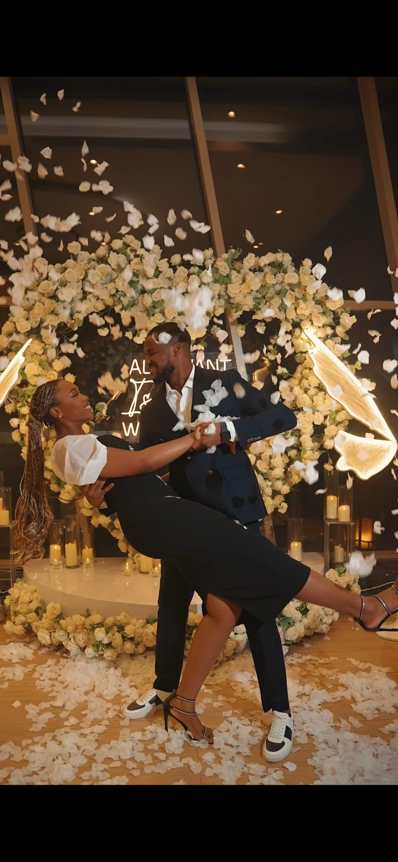 The dip — petals mid-air